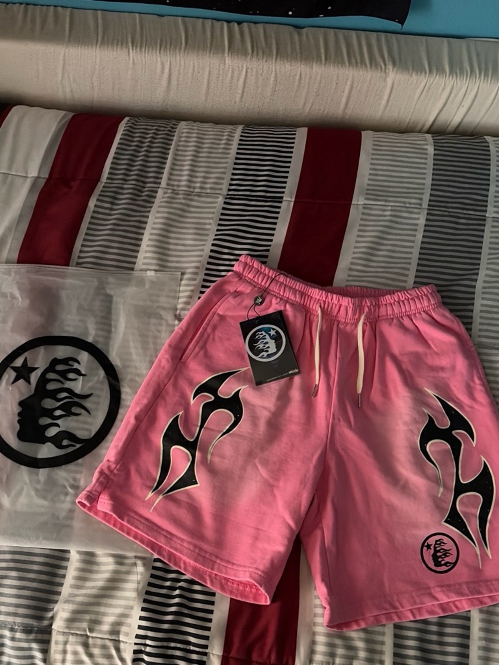 Men's Pink Athletic Drawstring Shorts with Tribal Flame Graphics